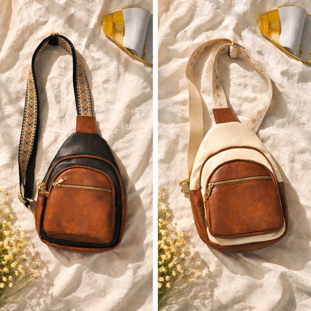 Brown and Black Crossbody bundled with cream and brown Bag with Patterned Strap